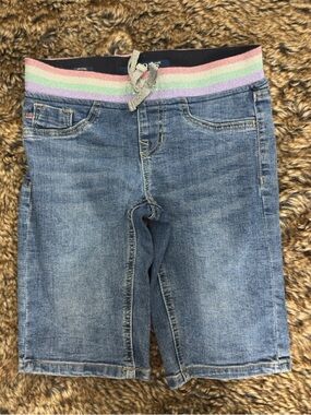 Vigoss Blue Denim Shorts with Pastel Rainbow Waistband